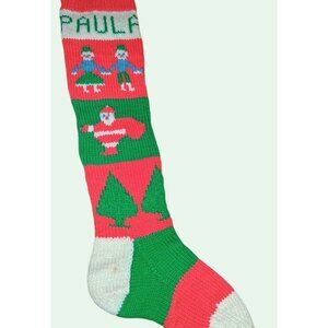 Vintage 1947 Knit Christmas Stocking Personalized "Paula" Pink/Green/White Santa
